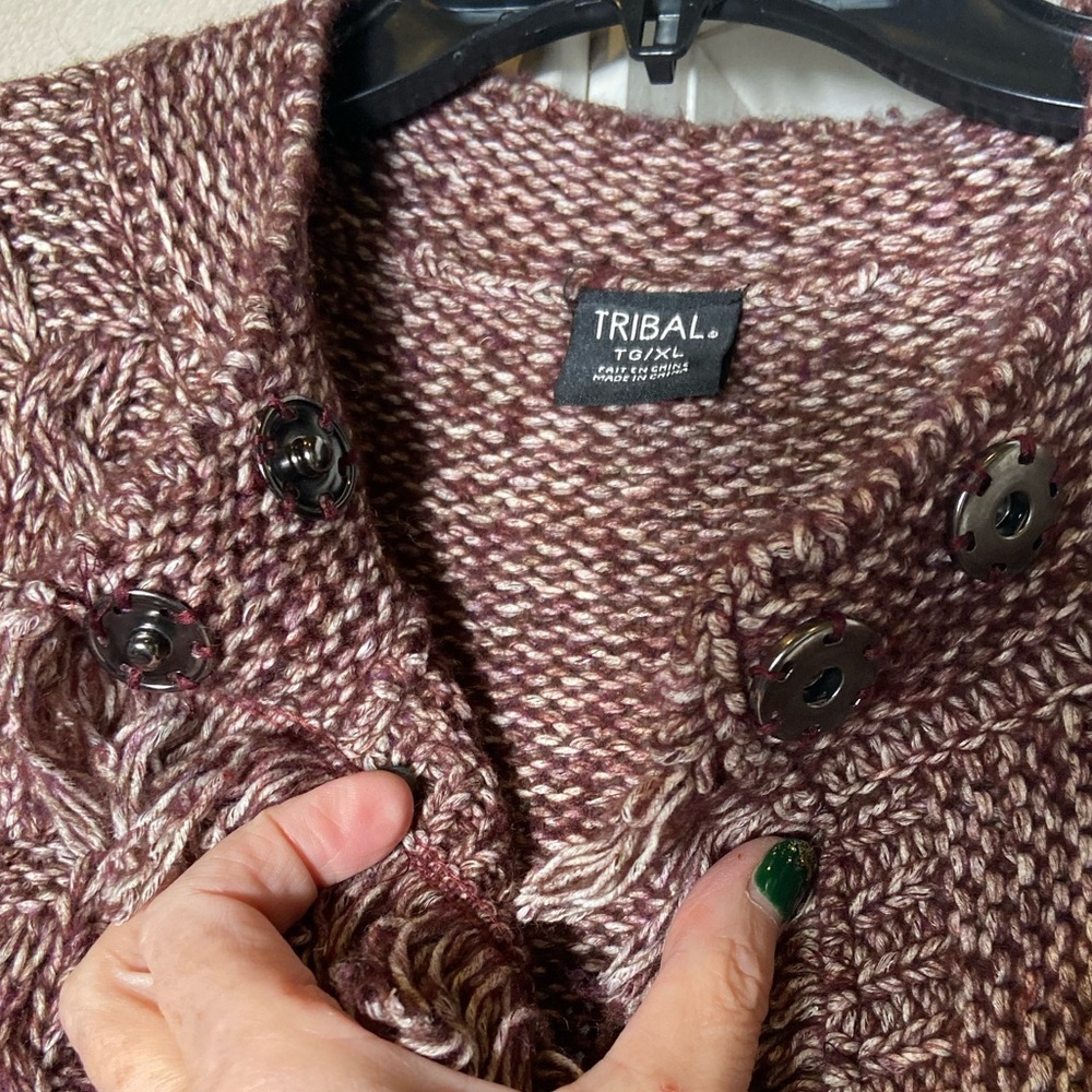 Tribal~Fringed~Cable Knit~Burgundy/Cream~Variegated~Sweater~Cardigan~Size TG/XL - Picture 13 of 16